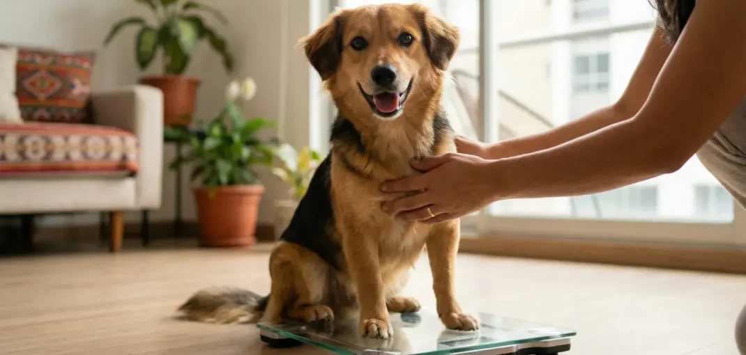 Una fotografía cándida y de alta resolución de un perro mestizo peruano de tamaño mediano sentado curiosamente en una moderna balanza de baño digital. Una persona, con un anillo de bodas visible, acaricia suavemente su pecho. El perro mira directamente a la cámara con una expresión juguetona. Fondo de apartamento luminoso con plantas en Lima, Perú.