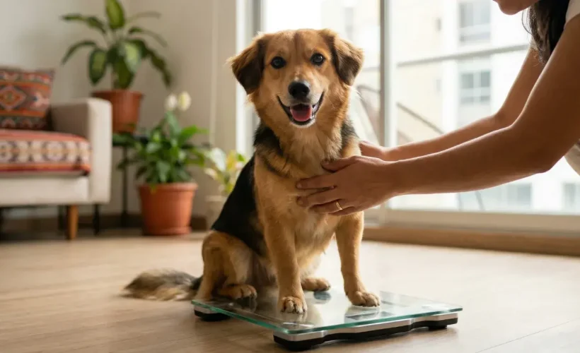 Una fotografía cándida y de alta resolución de un perro mestizo peruano de tamaño mediano sentado curiosamente en una moderna balanza de baño digital. Una persona, con un anillo de bodas visible, acaricia suavemente su pecho. El perro mira directamente a la cámara con una expresión juguetona. Fondo de apartamento luminoso con plantas en Lima, Perú.