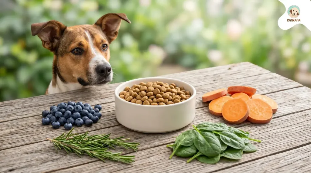 Perro mestizo marrón y blanco mirando con curiosidad una mesa de madera con camote, espinaca, arándanos y un tazón de croquetas premium.