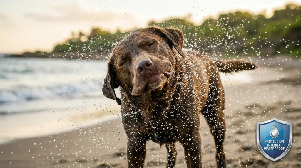 Fotografía de primer plano dinámico que captura a un Labrador mojado sacudiéndose vigorosamente en una playa al atardecer, con miles de gotas de agua volando. En la esquina hay una insignia con el texto "PROTECCIÓN INTERNA: WATERPROOF".