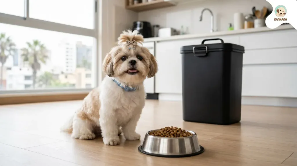Perro Shih Tzu recién peinado sentado frente a un tazón de acero inoxidable con comida seca en una cocina moderna iluminada.