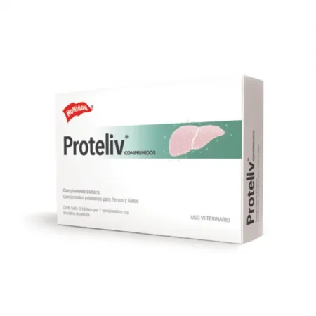 Caja de Proteliv 21 comprimidos palatables, complemento dietario para la salud hepática en perros y gatos de laboratorio Holliday.