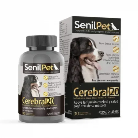 Caja y frasco de Senilpet Cerebral 20 (30 comprimidos), suplemento nutricional para el apoyo cognitivo en perros mayores de razas grandes.