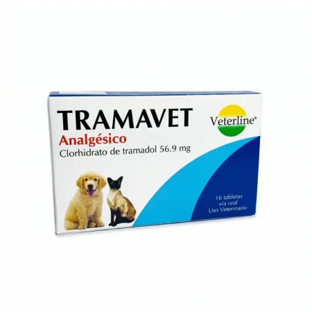 Caja de Tramavet 56.9 mg de Veterline, analgésico a base de Clorhidrato de Tramadol para perros y gatos, caja por 16 tabletas.