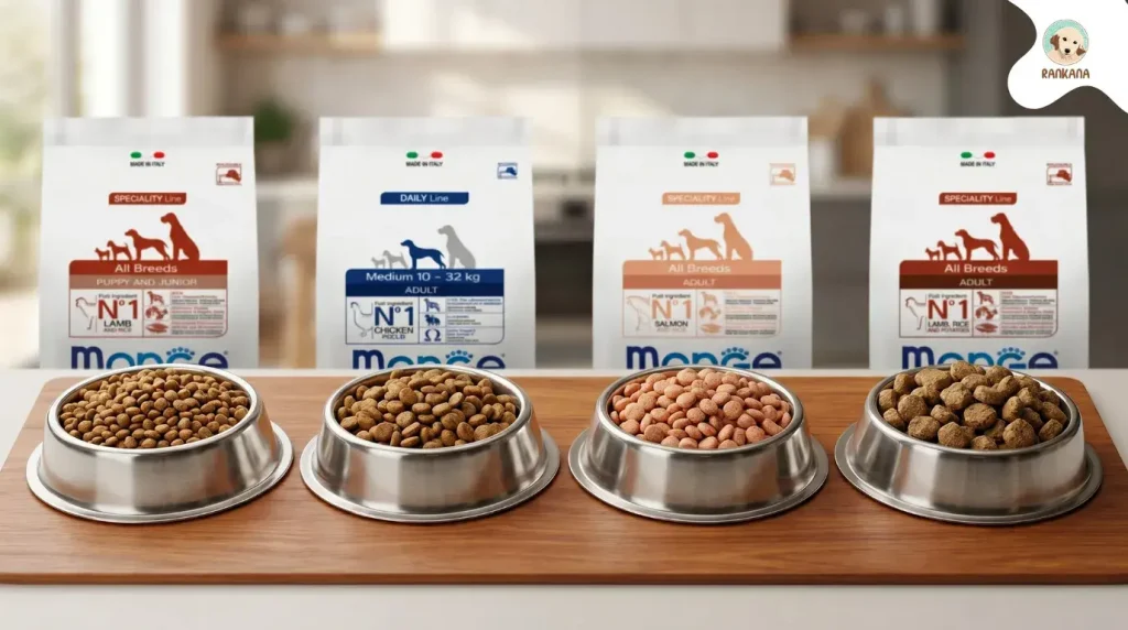 Cuatro platos de acero inoxidable con diferentes tipos de croquetas Monge: Puppy, Daily Line, Salmon y Light, frente a sus empaques correspondientes.