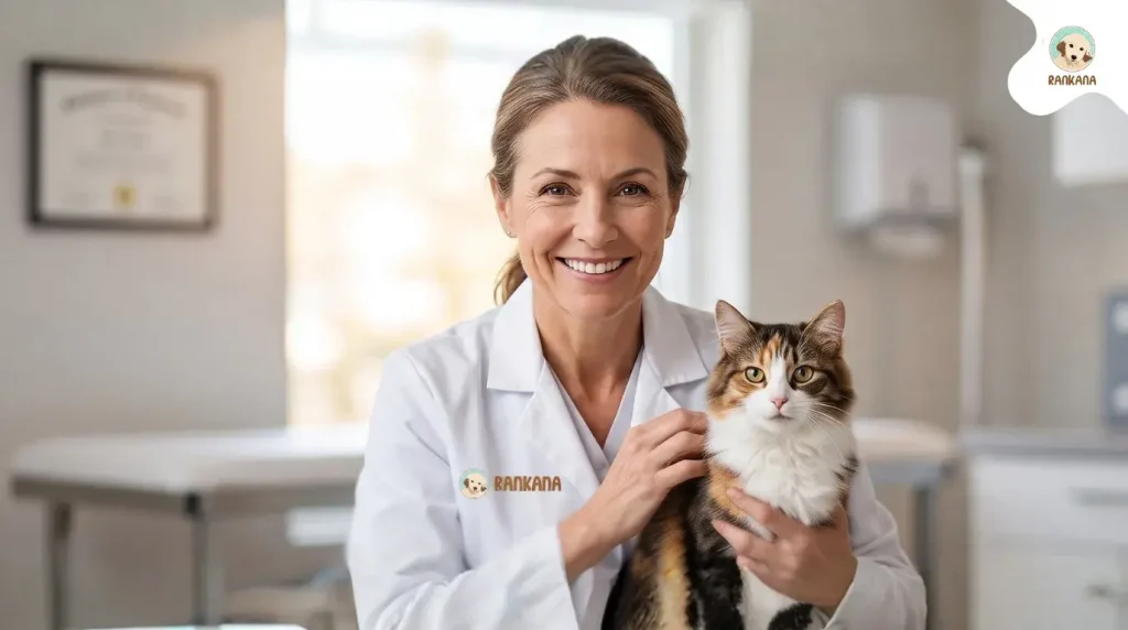 Una veterinaria profesional sonriente con bata blanca bordada con el logo de Rankana, sosteniendo suavemente a un gato calico saludable en una clínica veterinaria moderna iluminada por el sol.