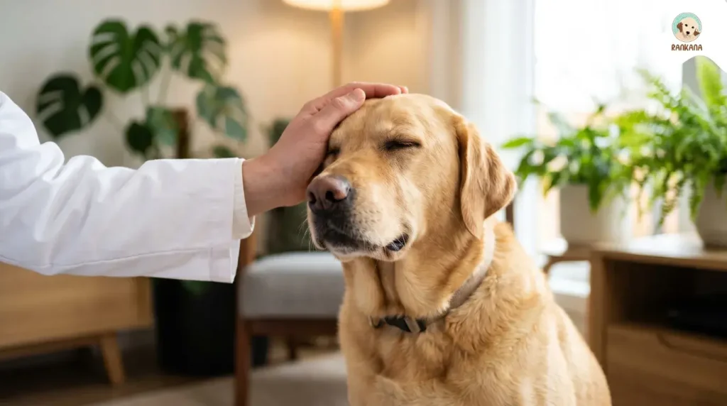 Primer plano emocional de un veterinario acariciando suavemente la cabeza de un perro Labrador Retriever feliz en un entorno acogedor y luminoso.