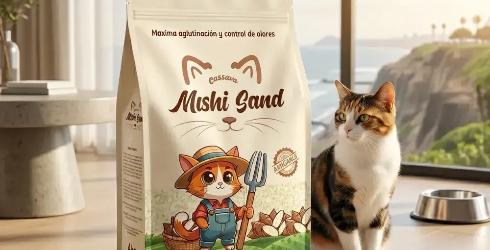 Arena ecológica para gatos Mishi Sand de cassava y yuca en empaque de 4kg junto a un gato en un departamento moderno.