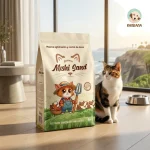 Arena ecológica para gatos Mishi Sand de cassava y yuca en empaque de 4kg junto a un gato en un departamento moderno.