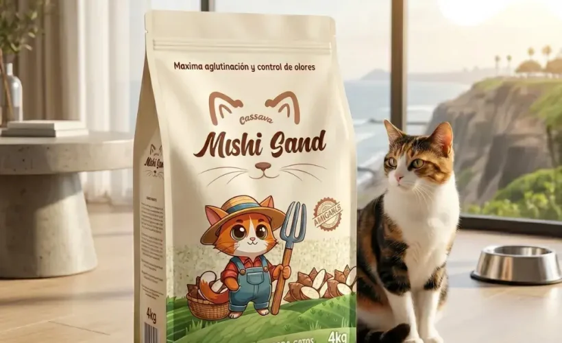 Arena ecológica para gatos Mishi Sand de cassava y yuca en empaque de 4kg junto a un gato en un departamento moderno.