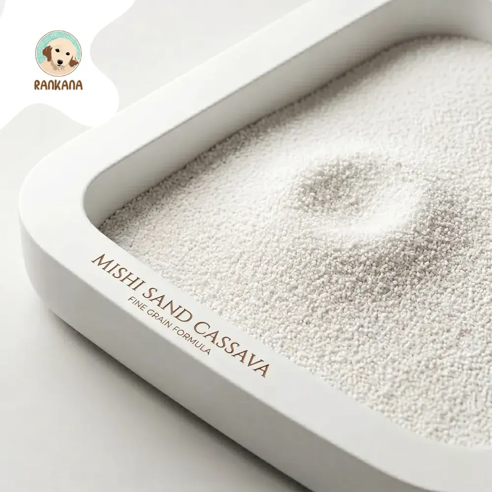 Primer plano de caja blanca con arena para gatos Mishi Sand Cassava de grano fino, hecha de yuca y maíz, con logo de Rankana en la esquina superior.