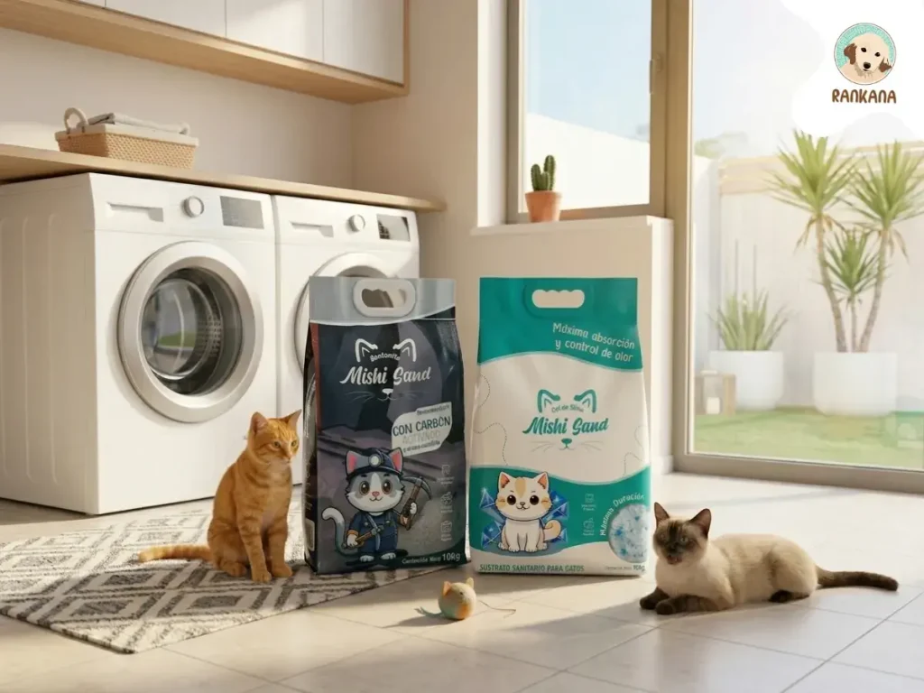 Dos gatos felices junto a sacos de 10kg de arena Mishi Sand Bentonita y Gel de Sílice en una lavandería moderna y soleada con vista a Lima.