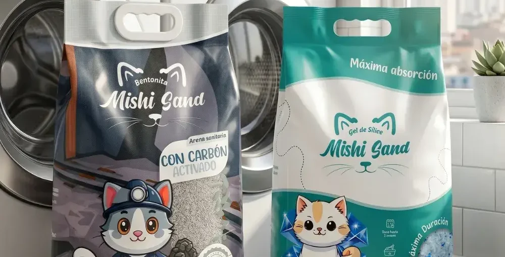 Dos sacos de 10kg de arena para gatos Mishi Sand (Bentonita con Carbón Activado y Gel de Sílice) en una lavandería moderna iluminada.