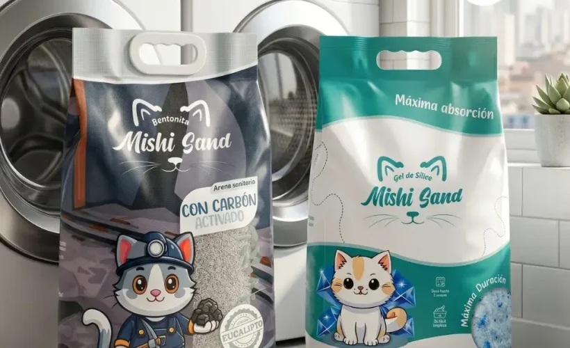 Dos sacos de 10kg de arena para gatos Mishi Sand (Bentonita con Carbón Activado y Gel de Sílice) en una lavandería moderna iluminada.