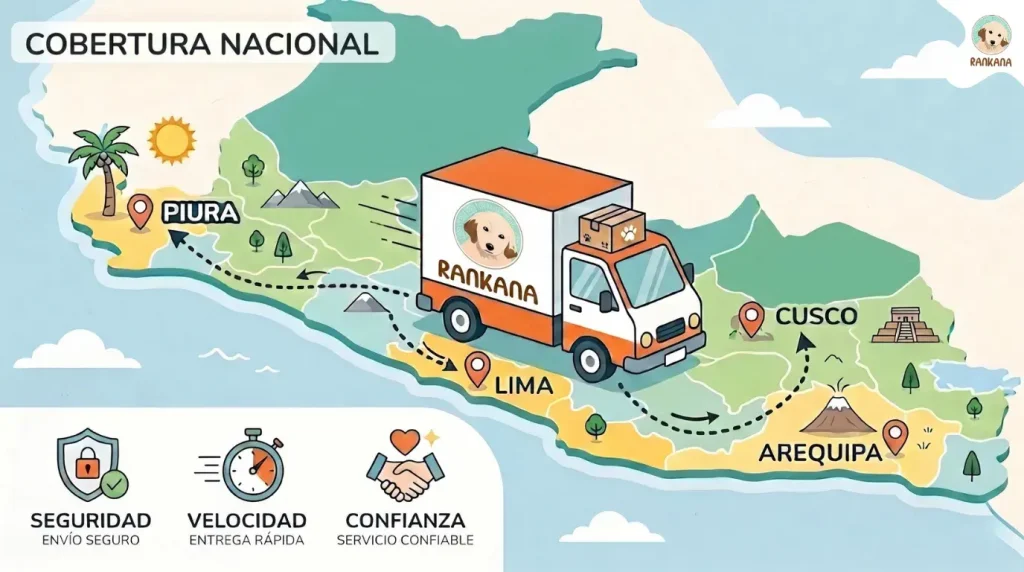 Ilustración de un camión de reparto con el logo de Rankana recorriendo un mapa de Perú con iconos de Piura, Lima, Cusco, Arequipa e Iquitos, destacando seguridad, velocidad y confianza.