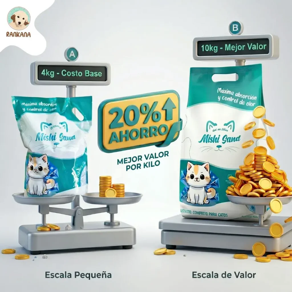Ilustración 3D de dos balanzas comparando el valor de la arena para gatos Mishi Sand de 4kg frente a la de 10kg, destacando un 20% de ahorro y mejor valor por kilo con monedas de oro.