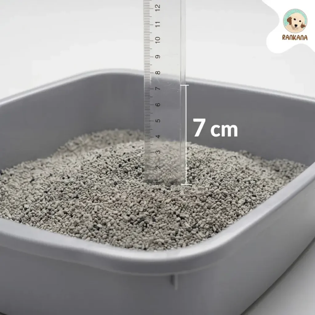 Infografía educativa mostrando un arenero verde con arena de bentonita gris y una regla de madera que marca una profundidad recomendada de 7 cm.
