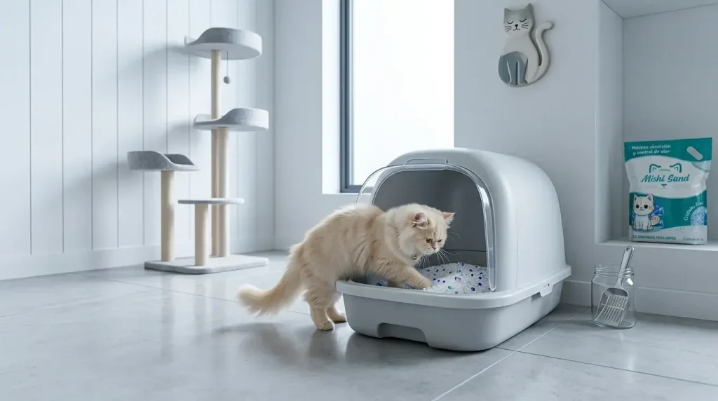 Gato Persa utilizando arenero cubierto con Mishi Sand en un ambiente moderno, limpio y libre de nubes de polvo.