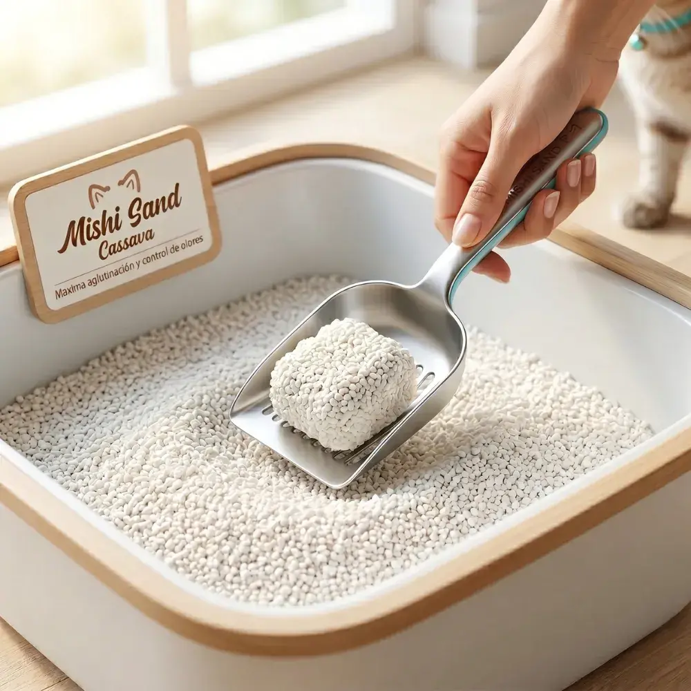 Arena para gatos Mishi Sand Cassava mostrando una aglutinación perfecta y firme recogida por una pala en un entorno limpio y moderno.