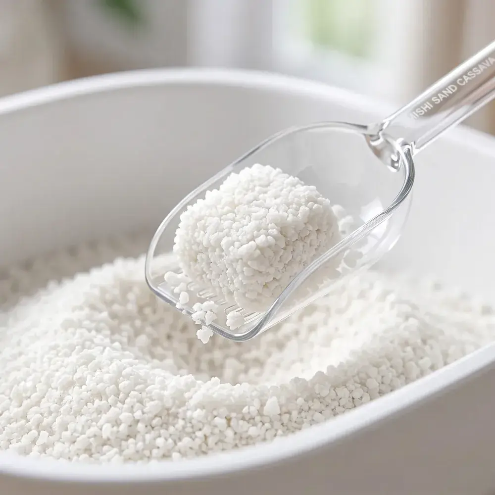 Primer plano de pala de vidrio levantando un terrón firme de arena para gatos Mishi Sand Cassava de color blanco puro.