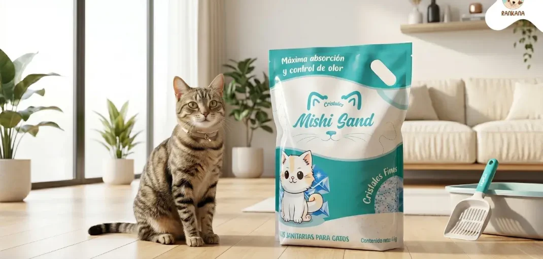 Gato tabby junto a empaque de Mishi Sand Cristales Finos de 4kg en una sala moderna e iluminada.