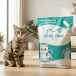 Gato tabby junto a empaque de Mishi Sand Cristales Finos de 4kg en una sala moderna e iluminada.