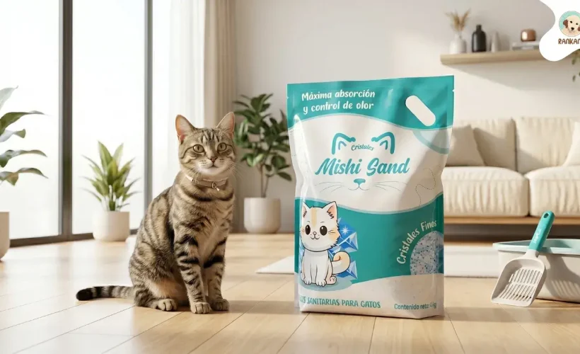 Gato tabby junto a empaque de Mishi Sand Cristales Finos de 4kg en una sala moderna e iluminada.