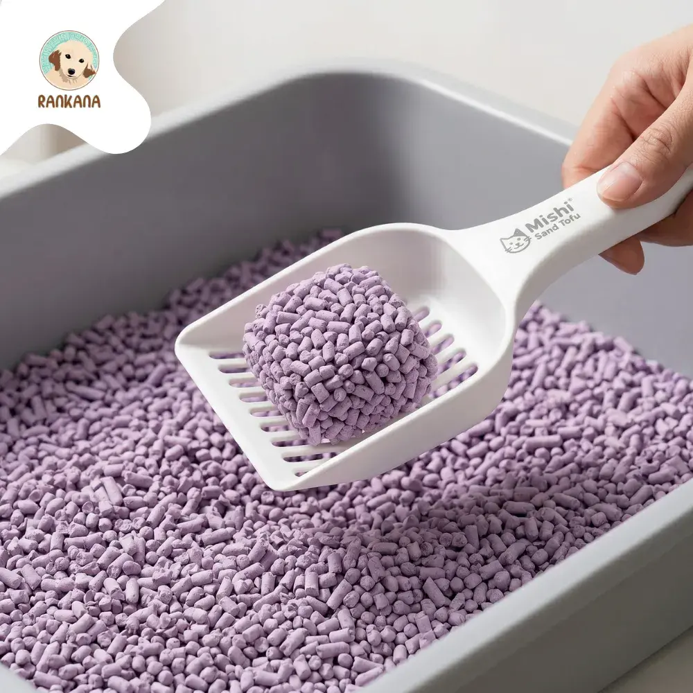 Primer plano de una pala blanca levantando un terrón sólido y firme de arena de tofu Mishi Sand color lavanda sin desmoronarse.