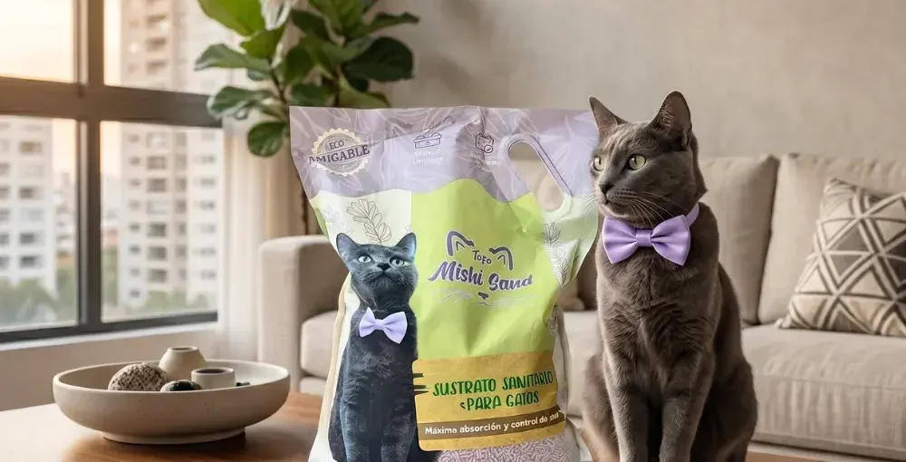 Arena para gatos Mishi Sand Tofu aroma lavanda en empaque de 2.5kg junto a un gato gris en una sala moderna.