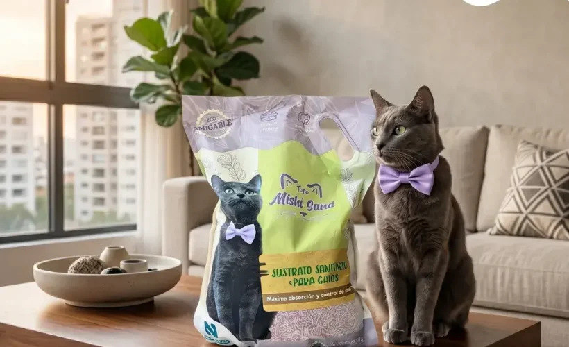 Arena para gatos Mishi Sand Tofu aroma lavanda en empaque de 2.5kg junto a un gato gris en una sala moderna.