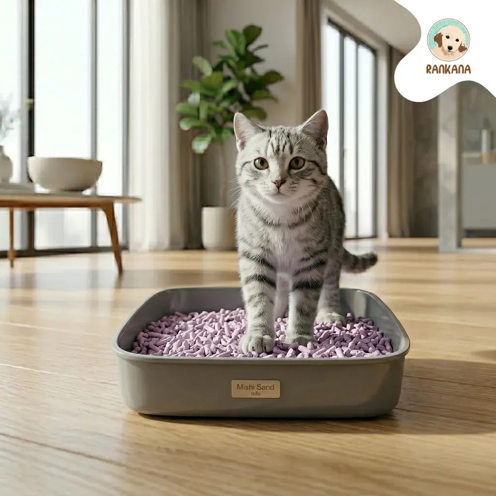 Gato atigrado gris de pie sobre arena de tofu Mishi Sand color lavanda en un arenero gris, en una sala moderna en Lima.