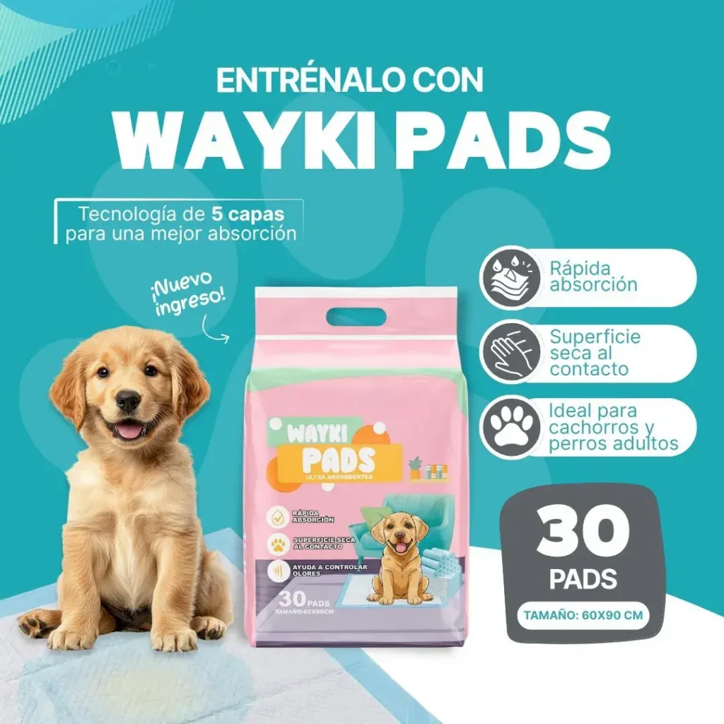 Banner de Wayki Pads de 60x90 cm, sabanillas de entrenamiento de 5 capas ultra absorbentes para cachorros y perros adultos en Rankana Perú.